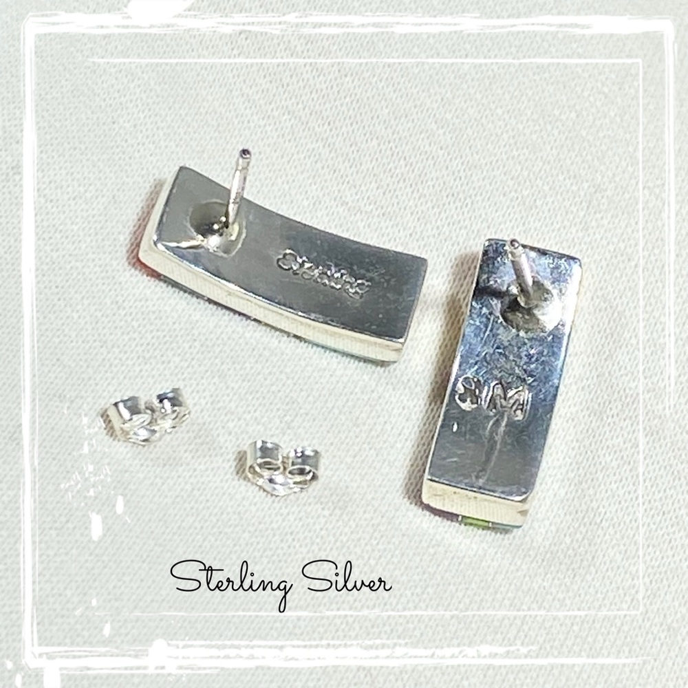 Signed-SM Multi Stone Inlaid Curve Sterling Silver Post Back Native Earrings - Picture 7 of 10